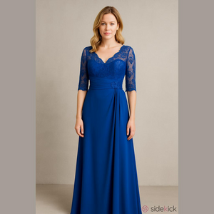 Pronovias Beaded Lace Floral 3/4 Sleeve Full Length Formal Maxi Gown Size 12